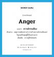 anger แปลว่า?, คำศัพท์ภาษาอังกฤษ anger แปลว่า ความโกรธเคือง ประเภท N ตัวอย่าง เหตุการณ์ดังกล่าวข่าวว่าสร้างความโกรธเคืองแก่รัฐมนตรีหนุ่มผู้นี้เป็นอย่างมาก เพิ่มเติม ความรู้สึกไม่พอใจ หมวด N