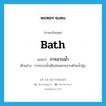 bath แปลว่า?, คำศัพท์ภาษาอังกฤษ bath แปลว่า การอาบน้ำ ประเภท N ตัวอย่าง การอาบน้ำเด็กอ่อนควรอาบด้วยน้ำอุ่น หมวด N