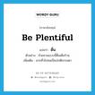 be plentiful แปลว่า?, คำศัพท์ภาษาอังกฤษ be plentiful แปลว่า ดื่น ประเภท V ตัวอย่าง ถ้วยชามแบบนี้ดื่นเต็มร้าน เพิ่มเติม มากทั่วไปจนเป็นปกติธรรมดา หมวด V