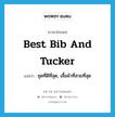 best bib and tucker แปลว่า?, คำศัพท์ภาษาอังกฤษ best bib and tucker แปลว่า ชุดที่ดีที่สุด, เสื้อผ้าที่สวยที่สุด ประเภท IDM หมวด IDM