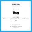 boy แปลว่า?, คำศัพท์ภาษาอังกฤษ boy แปลว่า ดรุณ ประเภท N ตัวอย่าง สองดรุณนั่งเงียบเป็นเพื่อนกันชมแสงจันทร์และรับลมเย็น หมวด N