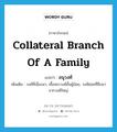 collateral branch of a family แปลว่า?, คำศัพท์ภาษาอังกฤษ collateral branch of a family แปลว่า อนุวงศ์ ประเภท N เพิ่มเติม วงศ์ที่เนื่องมา, เชื้อพระวงศ์ชั้นผู้น้อย, วงศ์ย่อยที่สืบมาจากวงศ์ใหญ่ หมวด N