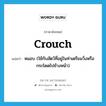 หมอบ (ใช้กับสัตว์ที่อยู่ในท่าเตรียมวิ่งหรือกระโดดไปข้างหน้า) ภาษาอังกฤษ?, คำศัพท์ภาษาอังกฤษ หมอบ (ใช้กับสัตว์ที่อยู่ในท่าเตรียมวิ่งหรือกระโดดไปข้างหน้า) แปลว่า crouch ประเภท VT หมวด VT