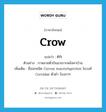 กา ภาษาอังกฤษ?, คำศัพท์ภาษาอังกฤษ กา แปลว่า crow ประเภท N ตัวอย่าง กาหลายตัวบินมาเกาะหลังคาบ้าน เพิ่มเติม ชื่อนกชนิด Corvus macrorhynchos ในวงศ์ Corvidae ตัวดำ ร้องกาๆ หมวด N