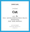 cut แปลว่า?, คำศัพท์ภาษาอังกฤษ cut แปลว่า บั่น ประเภท V ตัวอย่าง พ่อครัวบั่นขนมปังชิ้นยักษ์ออกเป็นท่อนๆ เพื่อแจกจ่ายผู้ชมที่มายืนชมกันอยู่ เพิ่มเติม ตัดให้สั้น, ตัดให้เป็นท่อนๆ หมวด V