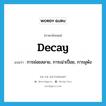 decay แปลว่า?, คำศัพท์ภาษาอังกฤษ decay แปลว่า การย่อยสลาย, การเน่าเปื่อย, การผุพัง ประเภท N หมวด N