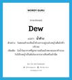 น้ำค้าง ภาษาอังกฤษ?, คำศัพท์ภาษาอังกฤษ น้ำค้าง แปลว่า dew ประเภท N ตัวอย่าง ในตอนเช้าจะเห็นน้ำค้างเกาะอยู่บนใบหญ้าเต็มไปทั่วบริเวณ เพิ่มเติม ไอน้ำในอากาศที่ถูกความเย็นแล้วหยาดลงมาค้างบนใบไม้ใบหญ้าเป็นต้นในเวลากลางคืนหรือเช้ามืด หมวด N