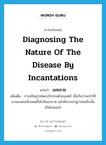 diagnosing the nature of the disease by incantations แปลว่า?, คำศัพท์ภาษาอังกฤษ diagnosing the nature of the disease by incantations แปลว่า เมฆฉาย ประเภท N เพิ่มเติม การอธิษฐานโดยบริกรรมด้วยมนตร์ เชื่อกันว่าจะทำให้เงาของคนเจ็บลอยขึ้นไปในอากาศ แล้วพิจารณาดูว่าคนเจ็บนั้นเป็นโรคอะไร หมวด N