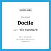 docile แปลว่า?, คำศัพท์ภาษาอังกฤษ docile แปลว่า เชื่อง, ว่านอนสอนง่าย ประเภท ADJ หมวด ADJ