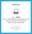 eel แปลว่า?, คำศัพท์ภาษาอังกฤษ eel แปลว่า ปลาไหล ประเภท N ตัวอย่าง ปลาไหลผสมพันธุ์ด้วยการสร้างหวอดก่อนวางไข่ อาศัยอยู่ตามห้วย หนอง คลอง บึง ซึ่งเป็นแหล่งน้ำนิ่ง เพิ่มเติม ชื่อปลารูปร่างกลมยาวคล้ายงู หมวด N