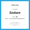 endure แปลว่า?, คำศัพท์ภาษาอังกฤษ endure แปลว่า อึด ประเภท V ตัวอย่าง ทหารในกองทัพค่อนข้างอึดอยู่พอสมควร หมวด V