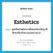 esthetics แปลว่า?, คำศัพท์ภาษาอังกฤษ esthetics แปลว่า สุนทรียศาสตร์สาขาหนึ่งของวิชาปรัชญาที่ศึกษาเกี่ยวกับความสวยความงาม ประเภท N หมวด N