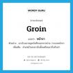 groin แปลว่า? คำศัพท์ในกลุ่มประเภท N, คำศัพท์ภาษาอังกฤษ groin แปลว่า หน้าขา ประเภท N ตัวอย่าง เขาล้วงเอาสมุดบันทึกออกจากย่าม วางบนหน้าขา เพิ่มเติม ส่วนหน้าของขานับตั้งแต่โคนขาถึงหัวเข่า หมวด N