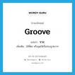 ราง ภาษาอังกฤษ?, คำศัพท์ภาษาอังกฤษ ราง แปลว่า groove ประเภท N เพิ่มเติม ไม้ที่ต่อ หรือขุดให้เป็นร่องรูปยาวๆ หมวด N