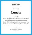 leech แปลว่า?, คำศัพท์ภาษาอังกฤษ leech แปลว่า ปลิง ประเภท N ตัวอย่าง วิธีปฏิบัติเมื่อปลิงเกาะคืออย่าพยายามดึงปลิงหรือทากออกจากผิวหนังเพราะจะทำให้เกิดแผลฉีกขาดเลือดออก เพิ่มเติม ชื่อสัตว์ไม่มีกระดูกสันหลังในวงศ์ Hirudinidae ตัวยืดได้คล้ายทาก ชอบเกาะคนหรือสัตว์เพื่อดูดกินเลือด มีหลายชนิด หมวด N