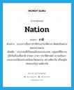 ชาติ ภาษาอังกฤษ?, คำศัพท์ภาษาอังกฤษ ชาติ แปลว่า nation ประเภท N ตัวอย่าง ระบบการสื่อสารทำให้ประชาชาติต่างๆ ติดต่อกันอย่างสะดวกง่ายดาย เพิ่มเติม ประชาชนที่เป็นพลเมืองของประเทศ, กลุ่มชนที่มีความรู้สึกในเรื่องเชื้อชาติ ศาสนา ภาษา ประวัติศาสตร์ ความเป็นมา ขนบธรรมเนียมประเพณีและวัฒนธรรม อย่างเดียวกัน หรืออยู่ในปกครองรัฐบาลเดียวกัน หมวด N