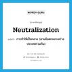 neutralization แปลว่า?, คำศัพท์ภาษาอังกฤษ neutralization แปลว่า การทำให้เป็นกลาง (ตามข้อตกลงระหว่างประเทศร่วมกัน) ประเภท N หมวด N