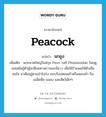 peacock แปลว่า?, คำศัพท์ภาษาอังกฤษ peacock แปลว่า นกยูง ประเภท N เพิ่มเติม นกขนาดใหญ่ในสกุล Pavo วงศ์ Phasianidae ในฤดูผสมพันธุ์ตัวผู้จะมีขนหางยาวและมีแวว เพื่อใช้รำแพนให้ตัวเมียสนใจ อาศัยอยู่ตามป่าโปร่ง ชอบร้องตอนเช้าหรือพลบค่ำ กินเมล็ดพืช แมลง และสัตว์เล็กๆ หมวด N