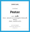 pester แปลว่า?, คำศัพท์ภาษาอังกฤษ pester แปลว่า ตามตื๊อ ประเภท V ตัวอย่าง สมัยก่อนข้าราชการจะไม่ค่อยพูดนักข่าวจึงต้องตามตื๊อเพื่อทำข่าว เพิ่มเติม ตามเซ้าซี้รบกวนร่ำไป หมวด V