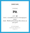 pit แปลว่า?, คำศัพท์ภาษาอังกฤษ pit แปลว่า ขุม ประเภท N ตัวอย่าง พวกเชลยได้รับความทรมานราวกับตกอยู่ในขุมของแดนนรก เพิ่มเติม ที่ซึ่งมีลักษณะเป็นบ่อเป็นหลุม ใช้ในบางลักษณะ เช่น ขุมขน ขุมนรก หมวด N