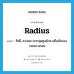 radius แปลว่า?, คำศัพท์ภาษาอังกฤษ radius แปลว่า รัศมี, ความยาวจากจุดศูนย์กลางถึงเส้นรอบวงของวงกลม ประเภท N หมวด N