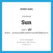 sun แปลว่า?, คำศัพท์ภาษาอังกฤษ sun แปลว่า สุรีย์ ประเภท N ตัวอย่าง แสงทองของสุรีย์ดวงโตทอทาบขอบฟ้าเป็นสีทองอร่าม หมวด N