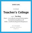 teacher&#39;s college แปลว่า?, คำศัพท์ภาษาอังกฤษ teacher&#39;s college แปลว่า วิทยาลัยครู ประเภท N ตัวอย่าง กระทรวงศึกษาธิการยกฐานะโรงเรียนสวนสุนันทาวิทยาลัยเป็นวิทยาลัยครูเมื่อไม่นานมานี้ เพิ่มเติม สถานศึกษาในระดับสูงสอนวิชาชีพครูโดยเฉพาะ หมวด N