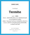 termite แปลว่า?, คำศัพท์ภาษาอังกฤษ termite แปลว่า ปลวก ประเภท N ตัวอย่าง ไม้สักเป็นที่นิยมใช้กันมากเพราะเนื้อไม้ไม่แข็งไม่หดตัวและปลวกไม่กัดกินทำลายเนื้อไม้ เพิ่มเติม ชื่อแมลงรูปร่างคล้ายมด ส่วนใหญ่ตัวสีขาวหรือครีม ไม่ชอบแสง อาศัยทำรังรวมกันอยู่เป็นกลุ่มใหญ่บนพื้นหรือใต้ดิน บางชนิดทำลายไม้ ต้นไม้ หมวด N