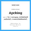 apcking แปลว่า?, คำศัพท์ช่างภาษาอังกฤษ - ไทย apcking คำศัพท์ภาษาอังกฤษ apcking แปลว่า ( วิศว ) วงแหวนลูกสูบ, ปะเก็นอัดหัวต่อให้แน่นป้องกันรั่ว, การสอดปะเก็นอัดให้แน่นกันรั่ว