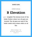 B Elevation แปลว่า?, คำศัพท์ช่างภาษาอังกฤษ - ไทย B Elevation คำศัพท์ภาษาอังกฤษ B Elevation แปลว่า (english) The bottom level of the boiler firebox where two oil guns are located. The oil guns are used if the boiler needs extra steam while on oil fire.