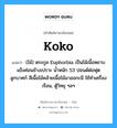 koko แปลว่า?, คำศัพท์ช่างภาษาอังกฤษ - ไทย koko คำศัพท์ภาษาอังกฤษ koko แปลว่า (ไม้) ตระกูล Euphorbia เป็นไม้เนื้อหยาบ แข็งค่อนข้างเปราะ น้ำหนัก 53 ปอนด์ต่อฟุตลูกบาศก์ สีเนื้อไม้คล้ายเนื้อไม้มาฮอกะนี ใช้ทำเครื่องเรือน, ตู้วิทยุ ฯลฯ