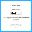 methyl แปลว่า?, คำศัพท์ช่างภาษาอังกฤษ - ไทย methyl คำศัพท์ภาษาอังกฤษ methyl แปลว่า อนุมูลของสารประกอบที่ได้จากพืชหรือสัตว์บางจำพวก