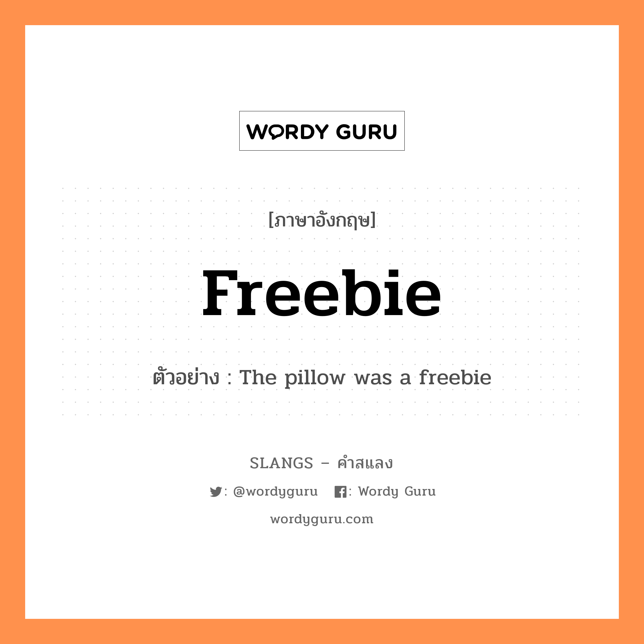 freebie แปลว่า?, คำสแลงภาษาอังกฤษ freebie ตัวอย่าง The pillow was a freebie