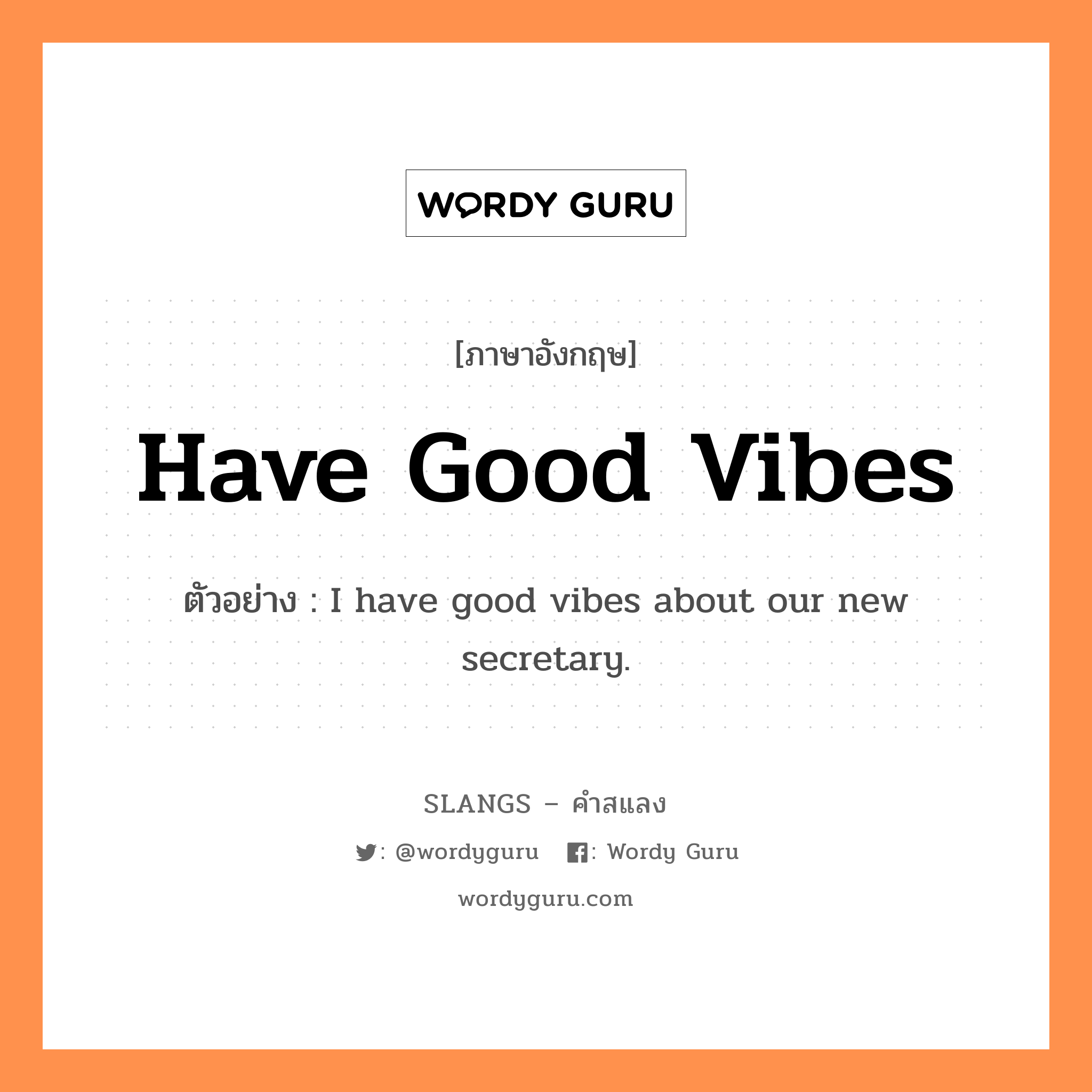 have good vibes แปลว่า?, คำสแลงภาษาอังกฤษ have good vibes ตัวอย่าง I have good vibes about our new secretary.