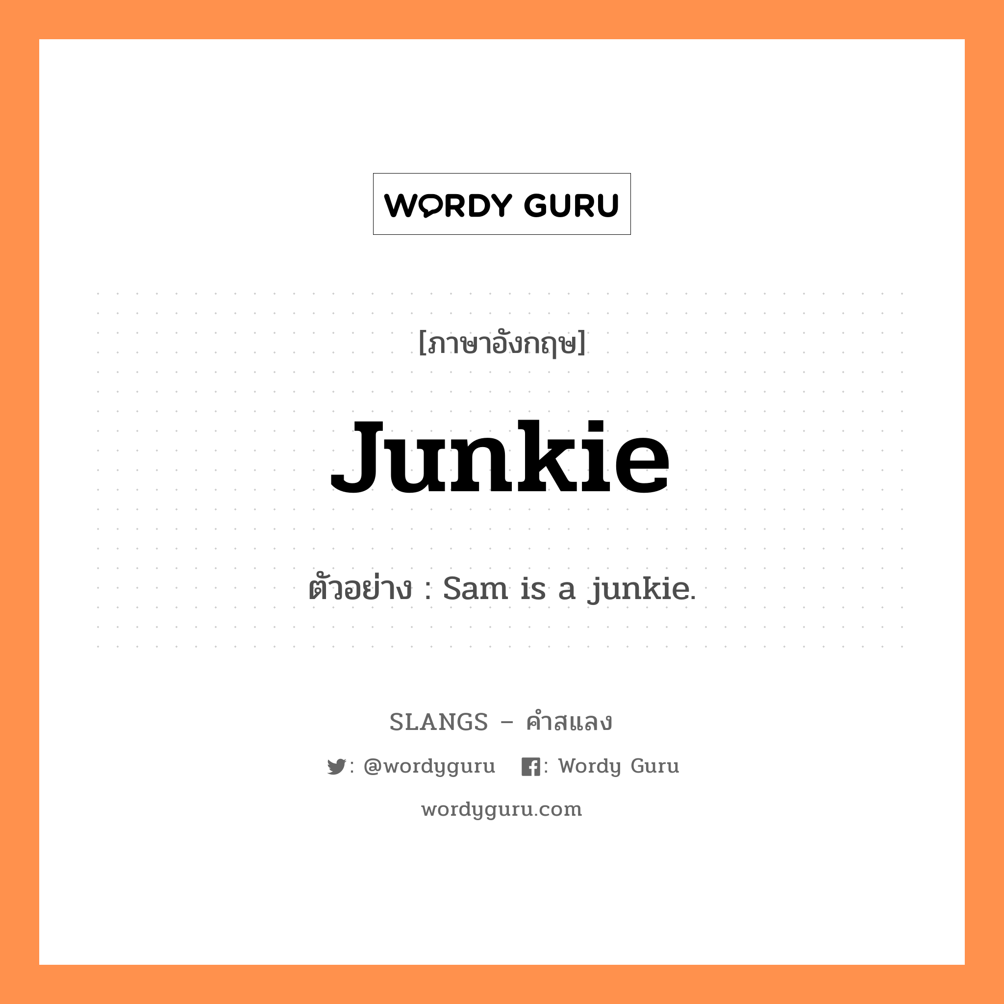 junkie แปลว่า?, คำสแลงภาษาอังกฤษ junkie ตัวอย่าง Sam is a junkie.