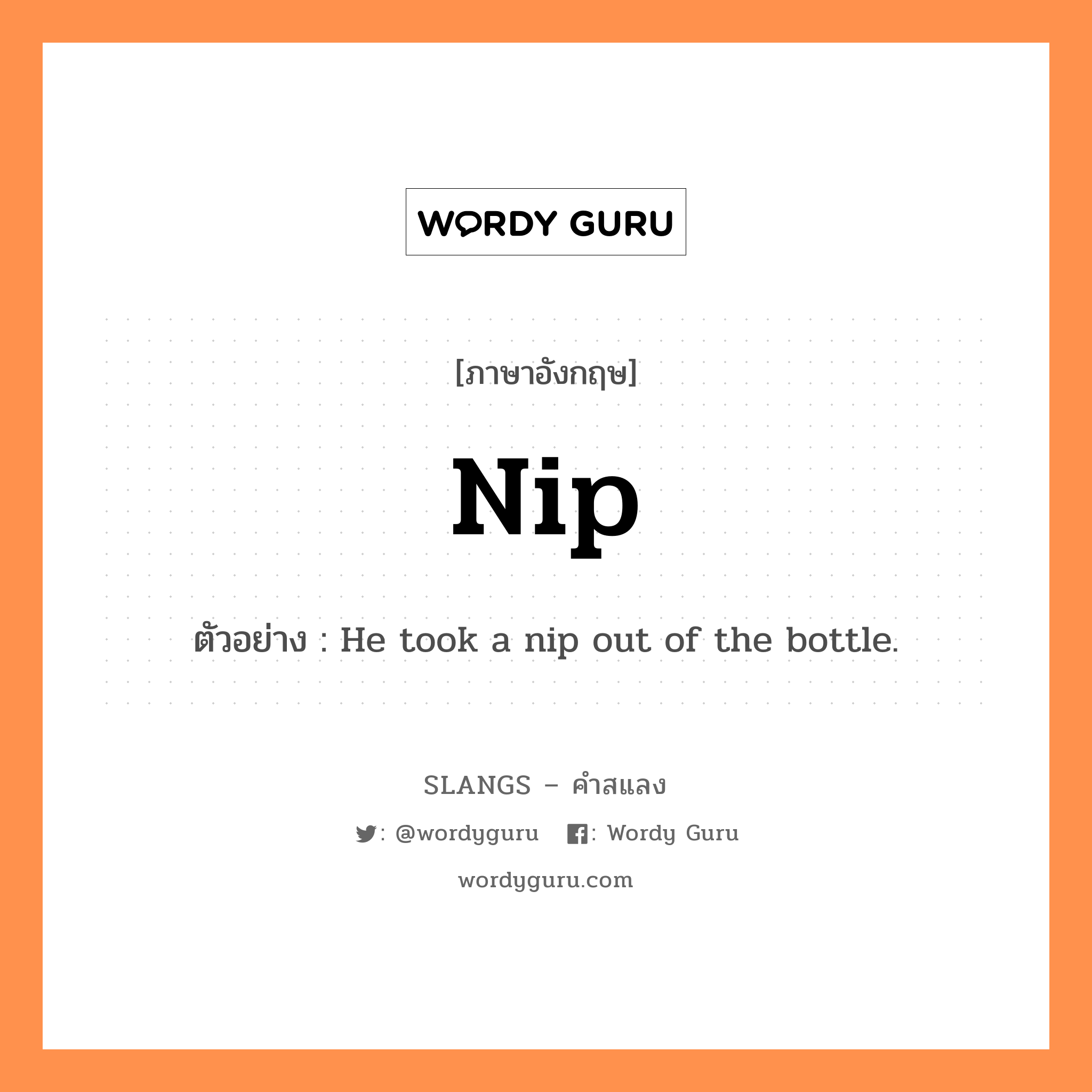 nip แปลว่า?, คำสแลงภาษาอังกฤษ nip ตัวอย่าง He took a nip out of the bottle.