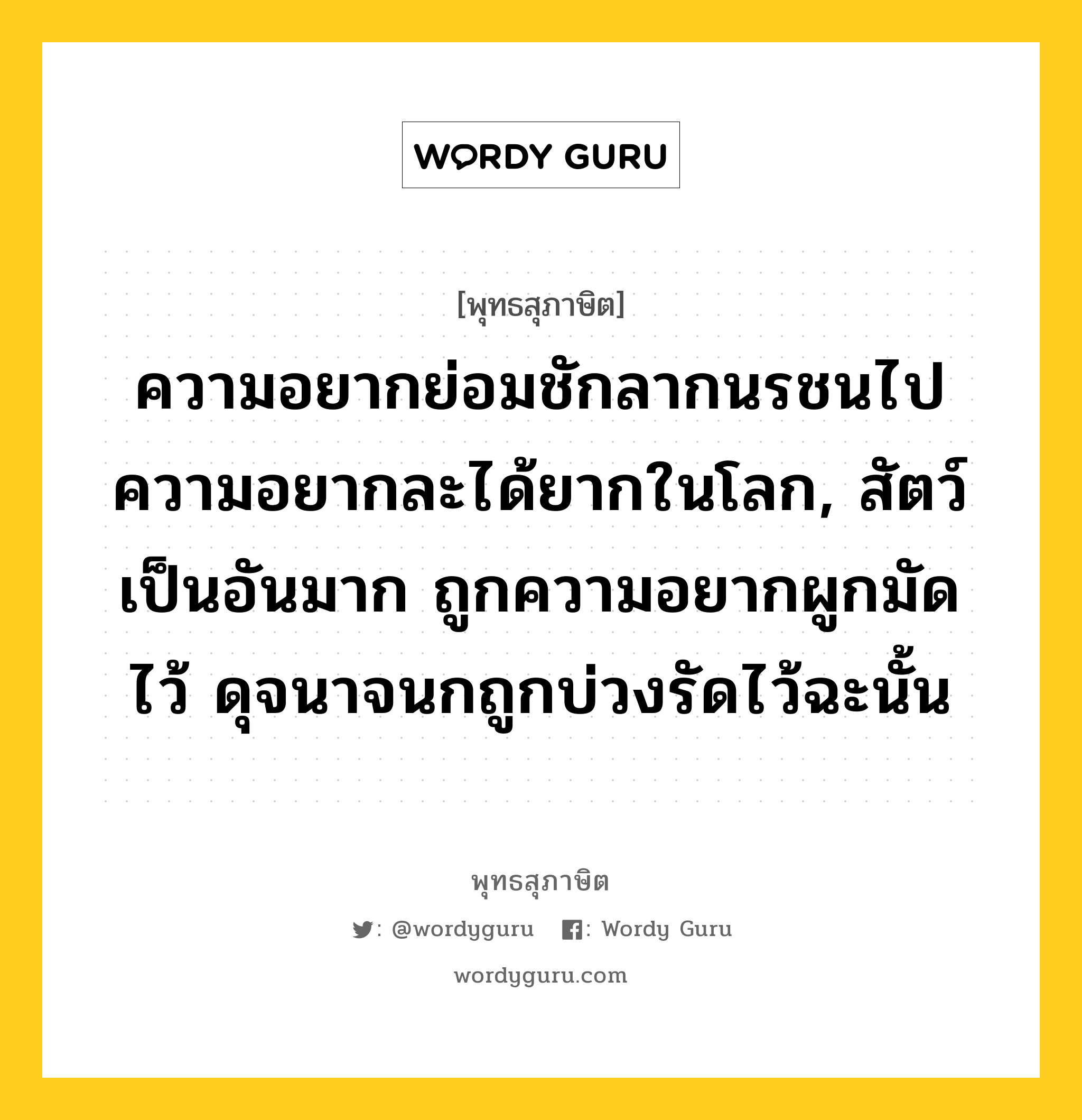 ความอยากย่อมชักลากนรชนไป ความอยากละได้ยากในโลก, สัตว์เป็นอันมาก ถูกความอยากผูกมัดไว้ ดุจนาจนกถูกบ่วงรัดไว้ฉะนั้น หมายถึงอะไร?, พุทธสุภาษิต ความอยากย่อมชักลากนรชนไป ความอยากละได้ยากในโลก, สัตว์เป็นอันมาก ถูกความอยากผูกมัดไว้ ดุจนาจนกถูกบ่วงรัดไว้ฉะนั้น หมวดหมู่ หมวดกิเลส หมวด หมวดกิเลส