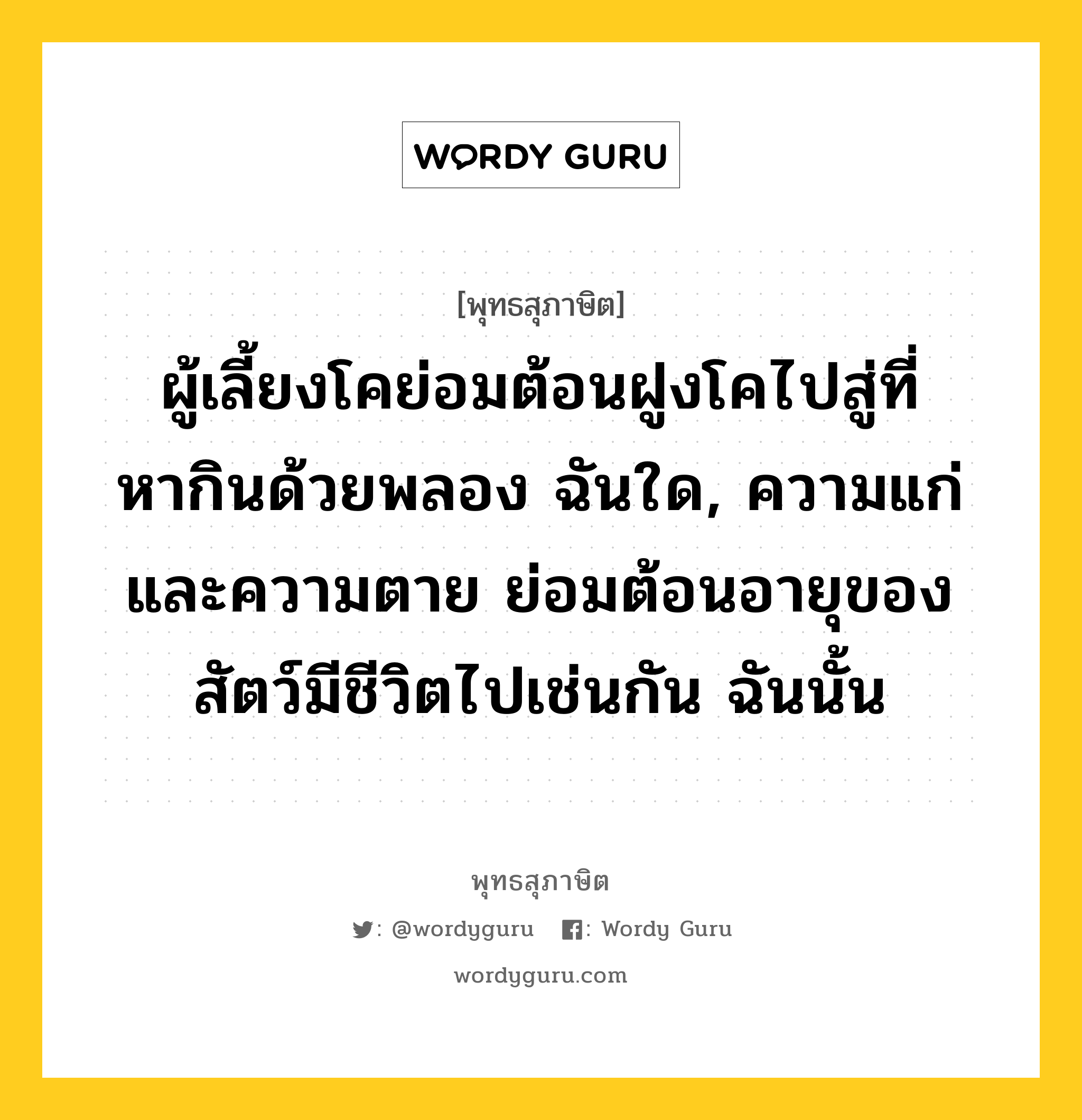 ผู้เลี้ยงโคย่อมต้อนฝูงโคไปสู่ที่หากินด้วยพลอง ฉันใด, ความแก่และความตาย ย่อมต้อนอายุของสัตว์มีชีวิตไปเช่นกัน ฉันนั้น หมายถึงอะไร?, พุทธสุภาษิต ผู้เลี้ยงโคย่อมต้อนฝูงโคไปสู่ที่หากินด้วยพลอง ฉันใด, ความแก่และความตาย ย่อมต้อนอายุของสัตว์มีชีวิตไปเช่นกัน ฉันนั้น หมวดหมู่ หมวดชีวิต-ความตาย หมวด หมวดชีวิต-ความตาย