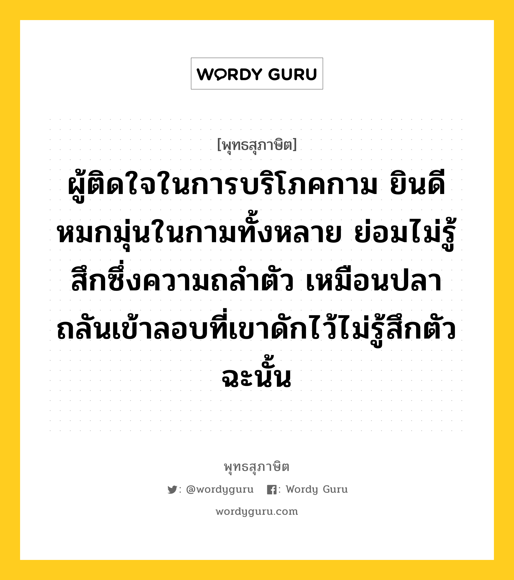 ผู้ติดใจในการบริโภคกาม ยินดีหมกมุ่นในกามทั้งหลาย ย่อมไม่รู้สึกซึ่งความถลำตัว เหมือนปลาถลันเข้าลอบที่เขาดักไว้ไม่รู้สึกตัว ฉะนั้น หมายถึงอะไร?, พุทธสุภาษิต ผู้ติดใจในการบริโภคกาม ยินดีหมกมุ่นในกามทั้งหลาย ย่อมไม่รู้สึกซึ่งความถลำตัว เหมือนปลาถลันเข้าลอบที่เขาดักไว้ไม่รู้สึกตัว ฉะนั้น หมวดหมู่ หมวดบุคคล หมวด หมวดบุคคล