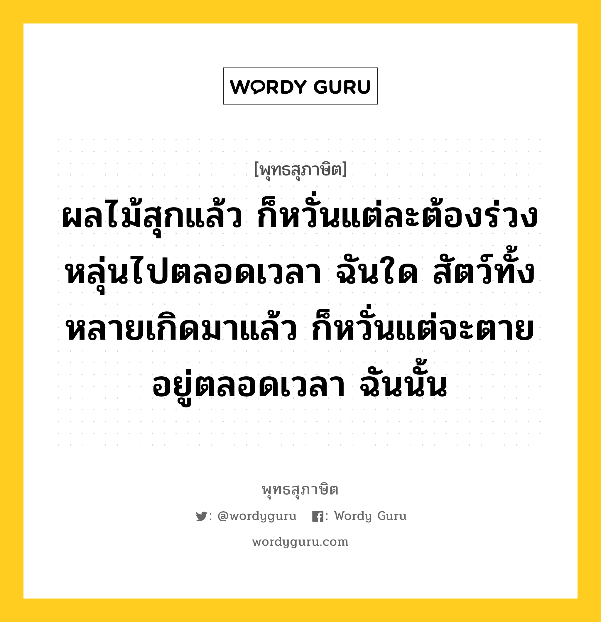 ผลไม้สุกแล้ว ก็หวั่นแต่ละต้องร่วงหลุ่นไปตลอดเวลา ฉันใด สัตว์ทั้งหลายเกิดมาแล้ว ก็หวั่นแต่จะตายอยู่ตลอดเวลา ฉันนั้น หมายถึงอะไร?, พุทธสุภาษิต ผลไม้สุกแล้ว ก็หวั่นแต่ละต้องร่วงหลุ่นไปตลอดเวลา ฉันใด สัตว์ทั้งหลายเกิดมาแล้ว ก็หวั่นแต่จะตายอยู่ตลอดเวลา ฉันนั้น หมวดหมู่ หมวดชีวิต-ความตาย หมวด หมวดชีวิต-ความตาย