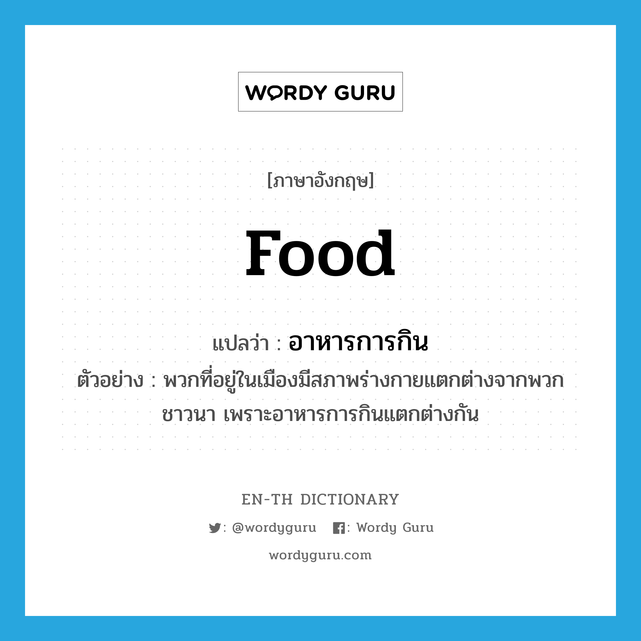 food แปลว่า?, คำศัพท์ภาษาอังกฤษ food แปลว่า อาหารการกิน ประเภท N ตัวอย่าง พวกที่อยู่ในเมืองมีสภาพร่างกายแตกต่างจากพวกชาวนา เพราะอาหารการกินแตกต่างกัน หมวด N