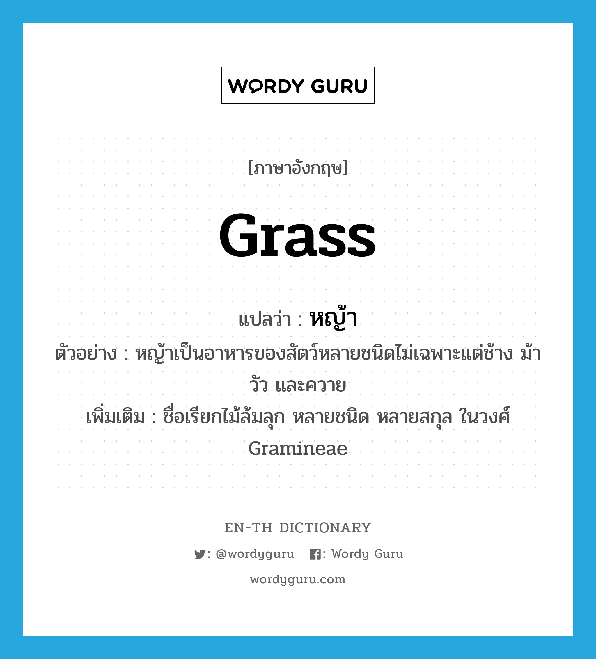 grass แปลว่า?, คำศัพท์ภาษาอังกฤษ grass แปลว่า หญ้า ประเภท N ตัวอย่าง หญ้าเป็นอาหารของสัตว์หลายชนิดไม่เฉพาะแต่ช้าง ม้า วัว และควาย เพิ่มเติม ชื่อเรียกไม้ล้มลุก หลายชนิด หลายสกุล ในวงศ์ Gramineae หมวด N