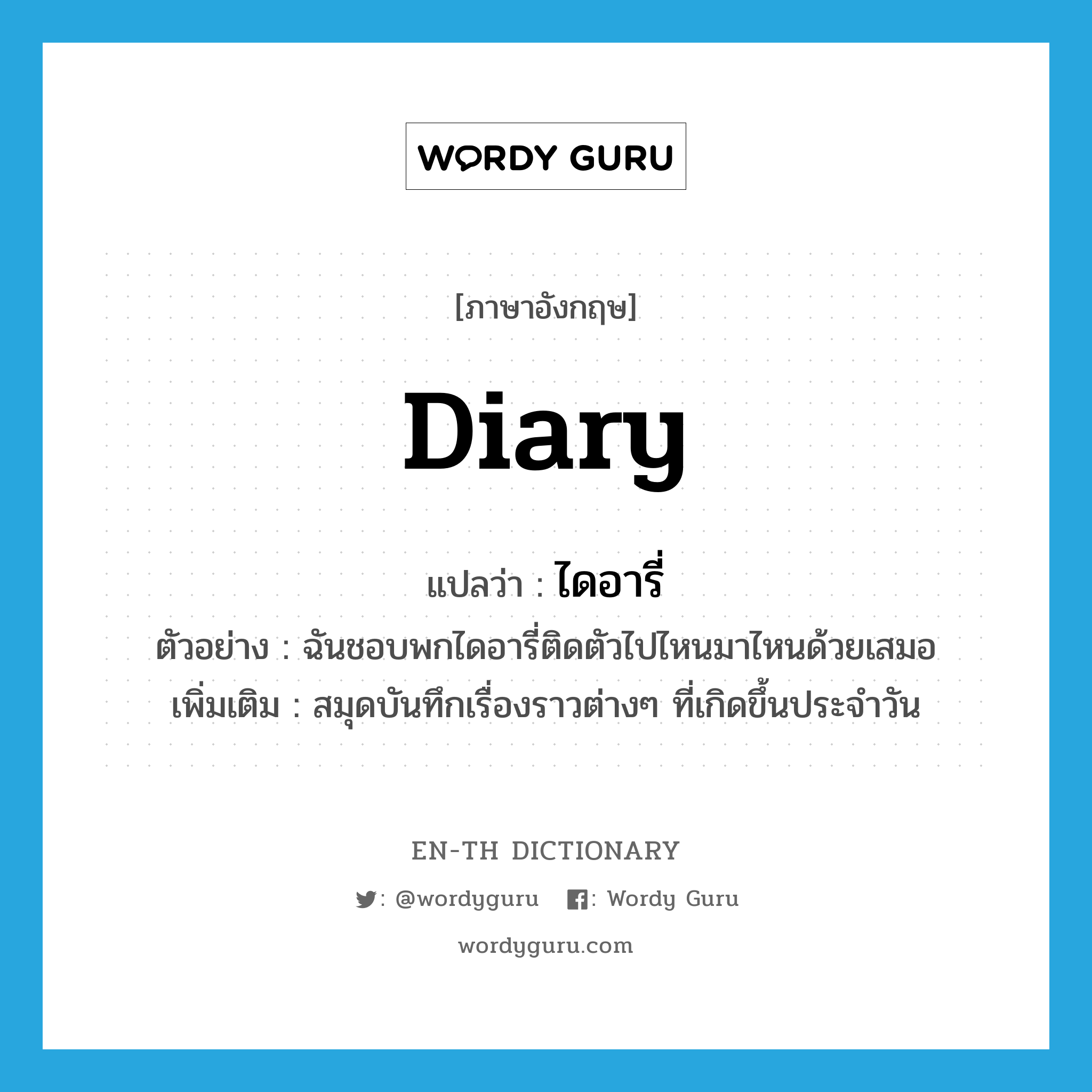 diary แปลว่า?, คำศัพท์ภาษาอังกฤษ diary แปลว่า ไดอารี่ ประเภท N ตัวอย่าง ฉันชอบพกไดอารี่ติดตัวไปไหนมาไหนด้วยเสมอ เพิ่มเติม สมุดบันทึกเรื่องราวต่างๆ ที่เกิดขึ้นประจำวัน หมวด N