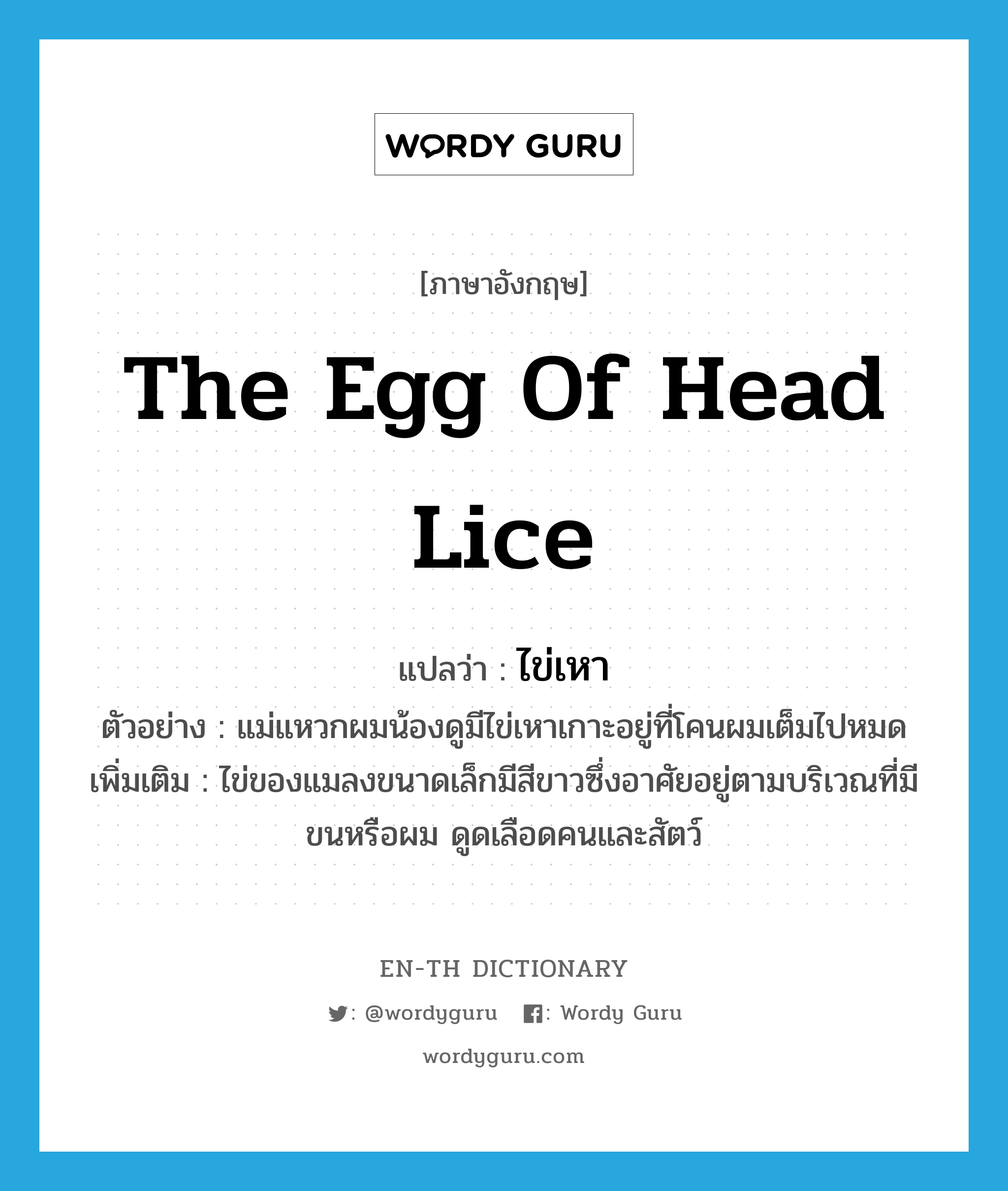 the egg of head lice แปลว่า?, คำศัพท์ภาษาอังกฤษ the egg of head lice แปลว่า ไข่เหา ประเภท N ตัวอย่าง แม่แหวกผมน้องดูมีไข่เหาเกาะอยู่ที่โคนผมเต็มไปหมด เพิ่มเติม ไข่ของแมลงขนาดเล็กมีสีขาวซึ่งอาศัยอยู่ตามบริเวณที่มีขนหรือผม ดูดเลือดคนและสัตว์ หมวด N