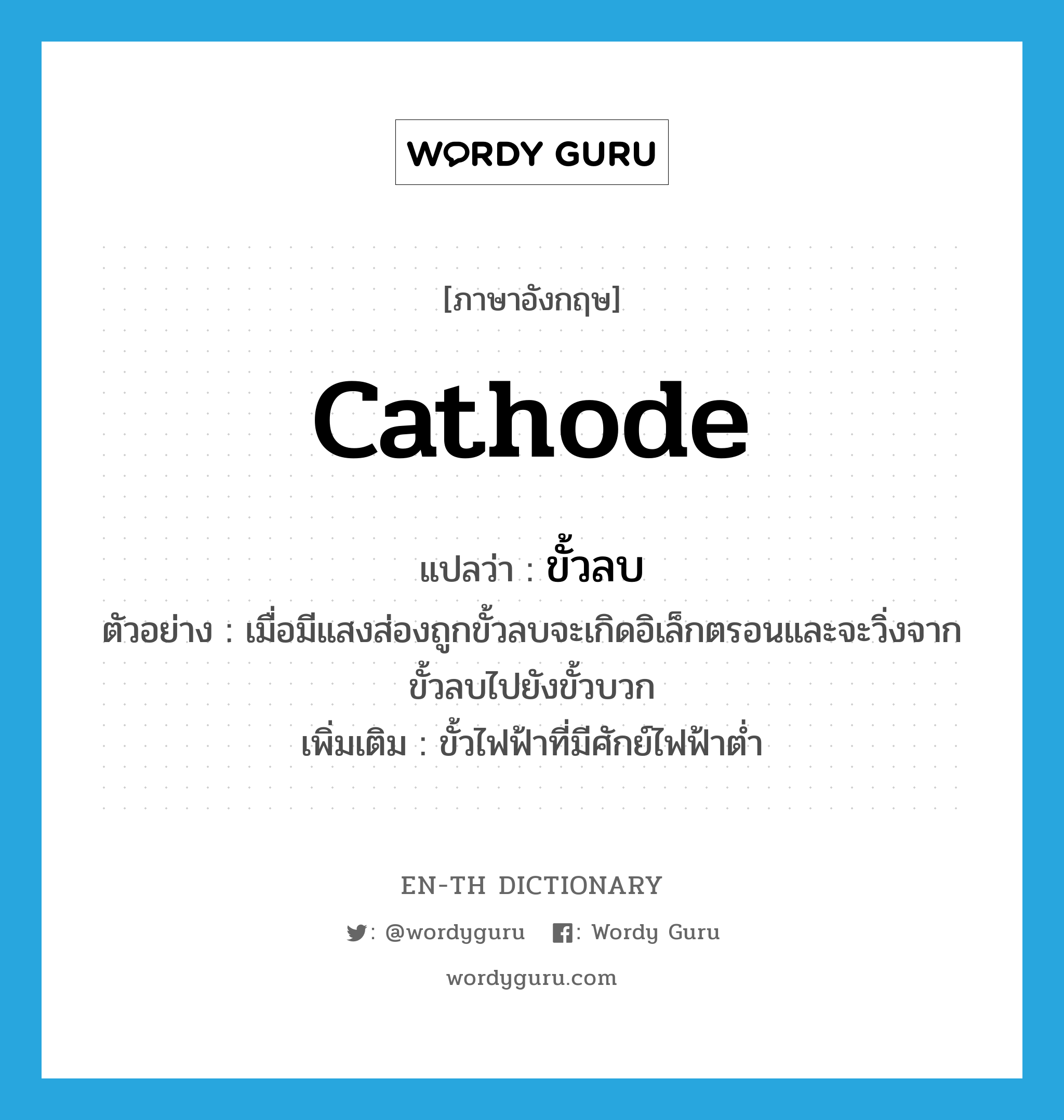 cathode แปลว่า?, คำศัพท์ภาษาอังกฤษ cathode แปลว่า ขั้วลบ ประเภท N ตัวอย่าง เมื่อมีแสงส่องถูกขั้วลบจะเกิดอิเล็กตรอนและจะวิ่งจากขั้วลบไปยังขั้วบวก เพิ่มเติม ขั้วไฟฟ้าที่มีศักย์ไฟฟ้าต่ำ หมวด N