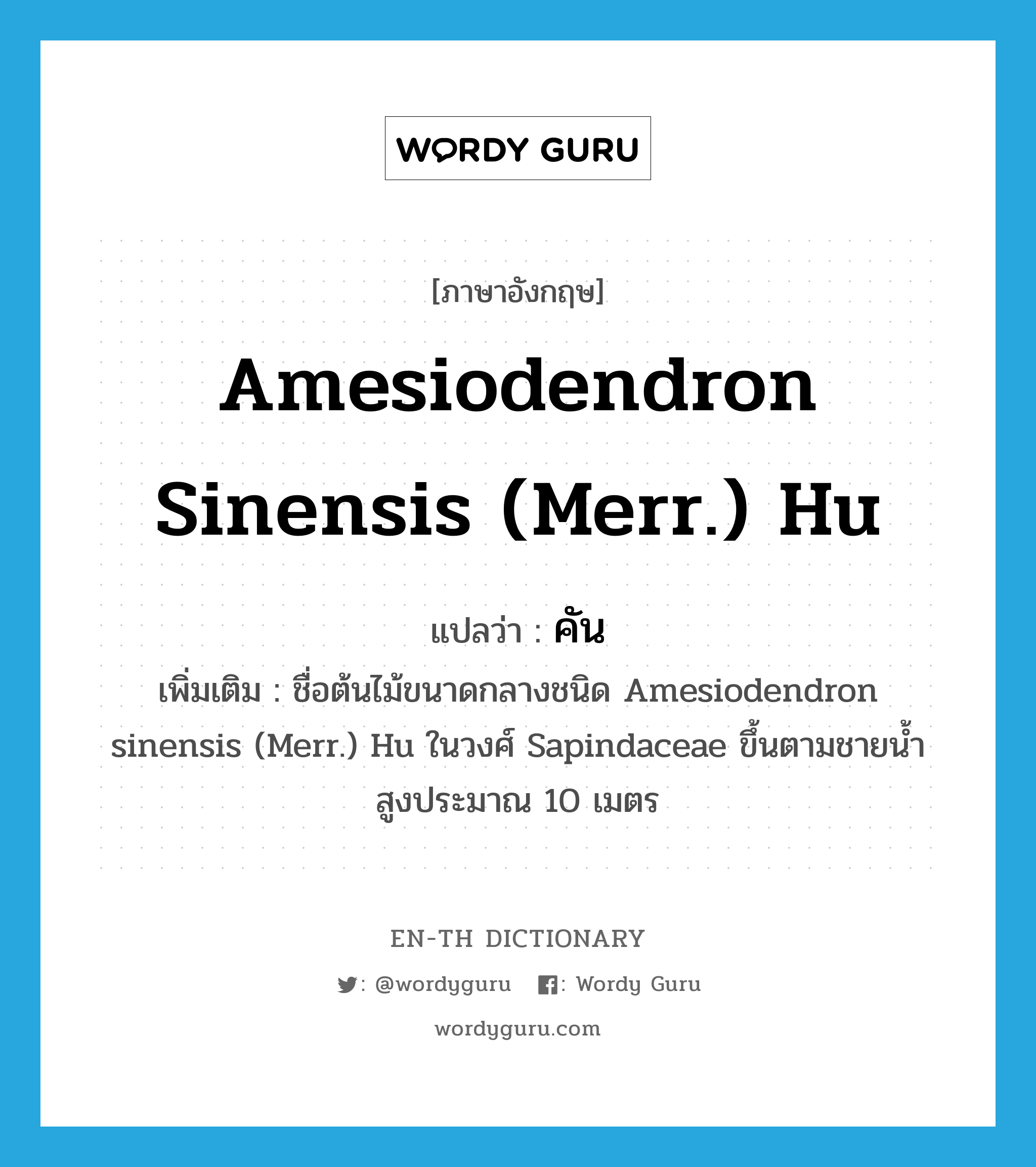 Amesiodendron sinensis (Merr.) Hu แปลว่า?, คำศัพท์ภาษาอังกฤษ Amesiodendron sinensis (Merr.) Hu แปลว่า คัน ประเภท N เพิ่มเติม ชื่อต้นไม้ขนาดกลางชนิด Amesiodendron sinensis (Merr.) Hu ในวงศ์ Sapindaceae ขึ้นตามชายน้ำ สูงประมาณ 10 เมตร หมวด N