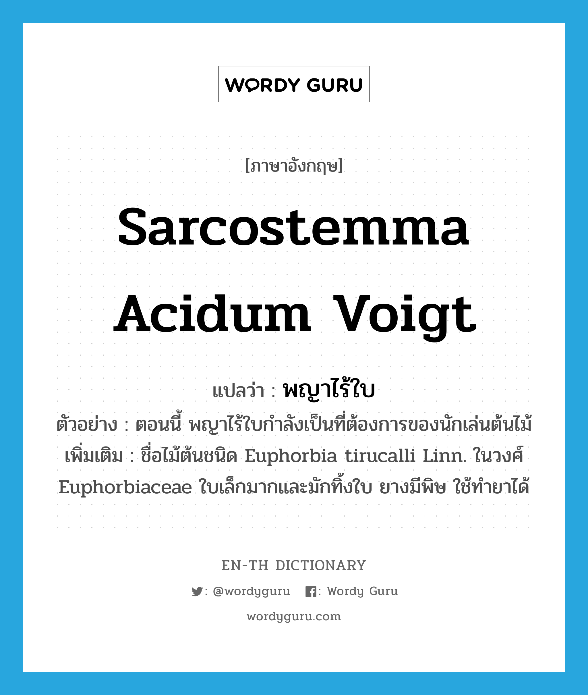 Sarcostemma acidum Voigt แปลว่า?, คำศัพท์ภาษาอังกฤษ Sarcostemma acidum Voigt แปลว่า พญาไร้ใบ ประเภท N ตัวอย่าง ตอนนี้ พญาไร้ใบกำลังเป็นที่ต้องการของนักเล่นต้นไม้ เพิ่มเติม ชื่อไม้ต้นชนิด Euphorbia tirucalli Linn. ในวงศ์ Euphorbiaceae ใบเล็กมากและมักทิ้งใบ ยางมีพิษ ใช้ทำยาได้ หมวด N