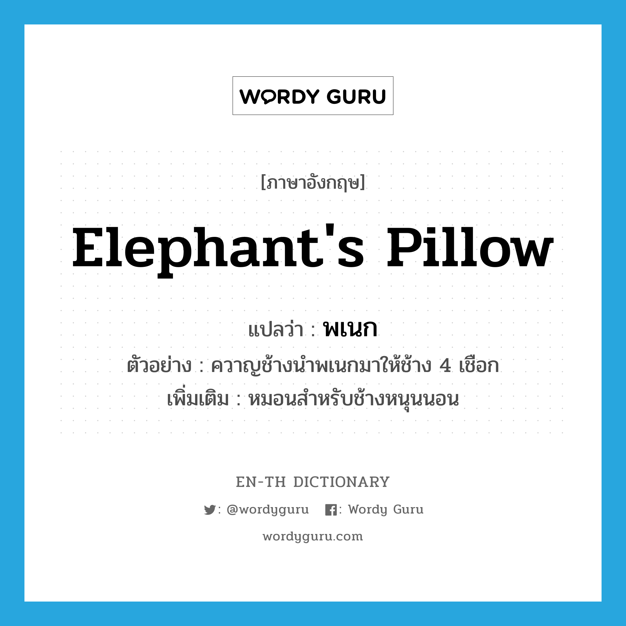 elephant&#39;s pillow แปลว่า?, คำศัพท์ภาษาอังกฤษ elephant&#39;s pillow แปลว่า พเนก ประเภท N ตัวอย่าง ควาญช้างนำพเนกมาให้ช้าง 4 เชือก เพิ่มเติม หมอนสำหรับช้างหนุนนอน หมวด N