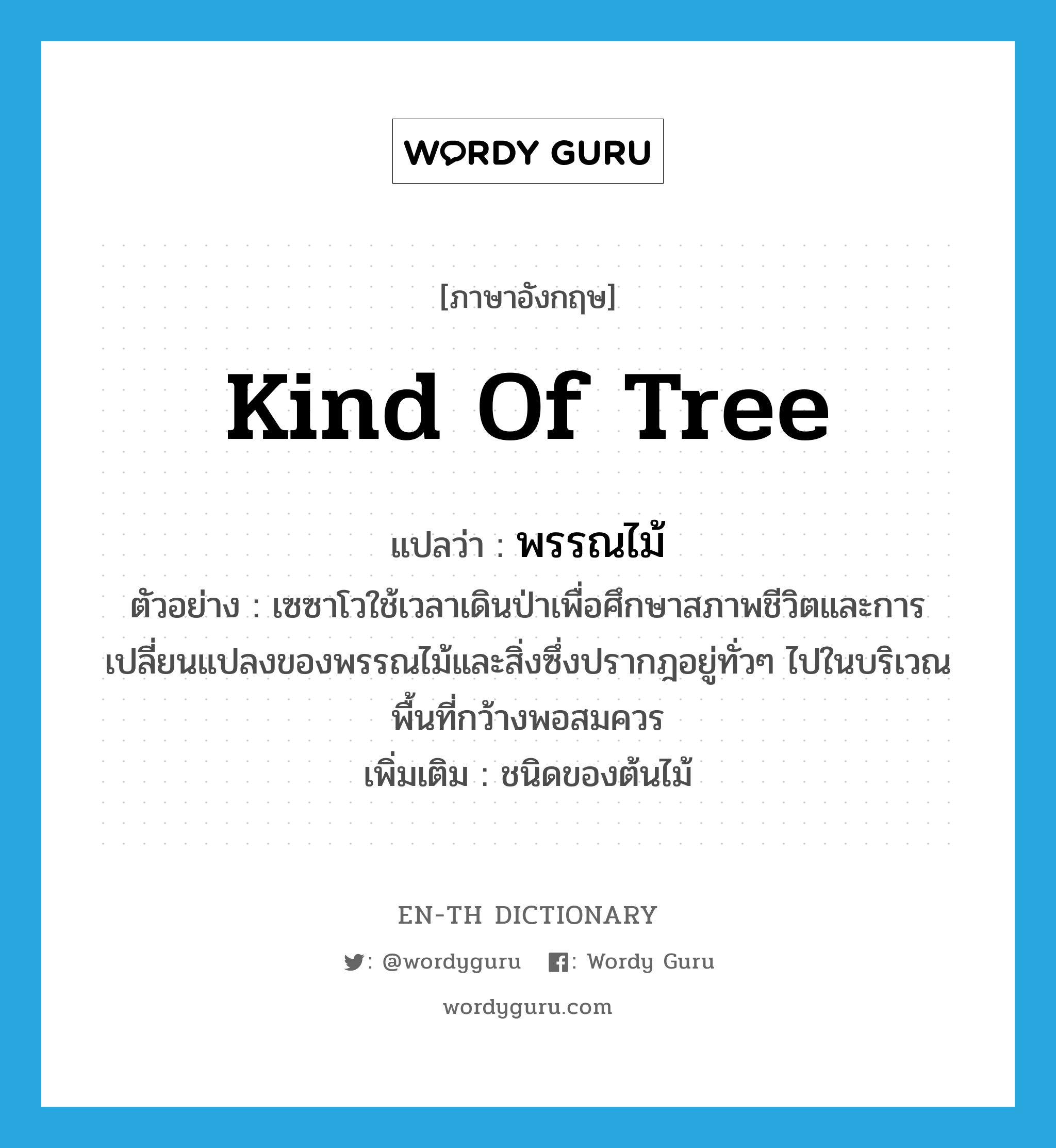 kind of tree แปลว่า?, คำศัพท์ภาษาอังกฤษ kind of tree แปลว่า พรรณไม้ ประเภท N ตัวอย่าง เซซาโวใช้เวลาเดินป่าเพื่อศึกษาสภาพชีวิตและการเปลี่ยนแปลงของพรรณไม้และสิ่งซึ่งปรากฎอยู่ทั่วๆ ไปในบริเวณพื้นที่กว้างพอสมควร เพิ่มเติม ชนิดของต้นไม้ หมวด N