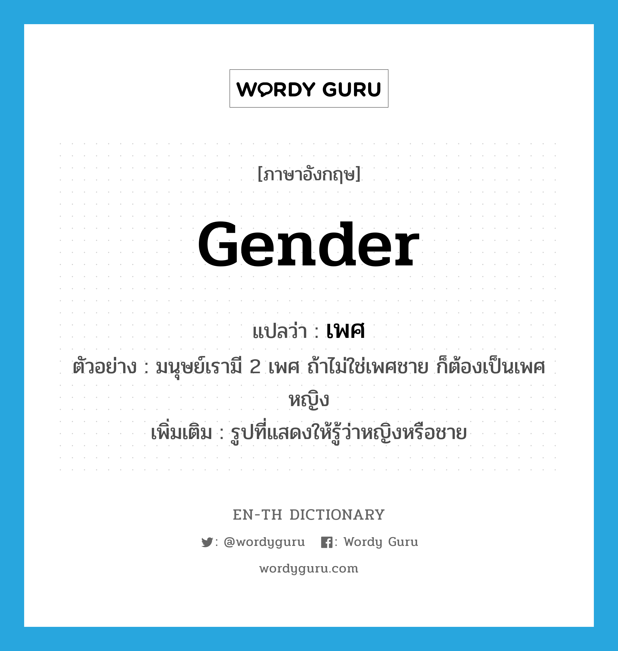 gender แปลว่า?, คำศัพท์ภาษาอังกฤษ gender แปลว่า เพศ ประเภท N ตัวอย่าง มนุษย์เรามี 2 เพศ ถ้าไม่ใช่เพศชาย ก็ต้องเป็นเพศหญิง เพิ่มเติม รูปที่แสดงให้รู้ว่าหญิงหรือชาย หมวด N